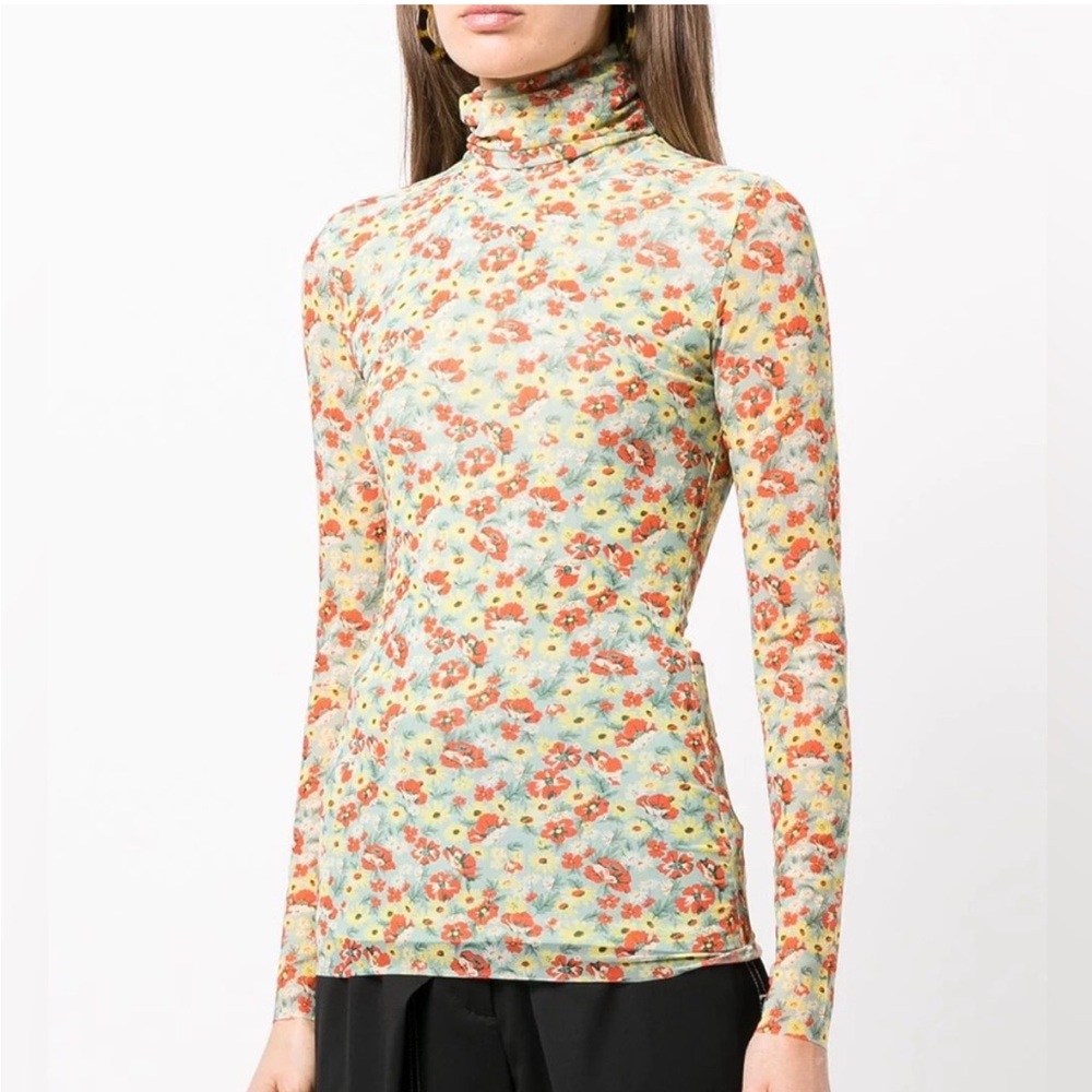 Ganni Floral Mesh Turtleneck in Pastel Yellow and Coral